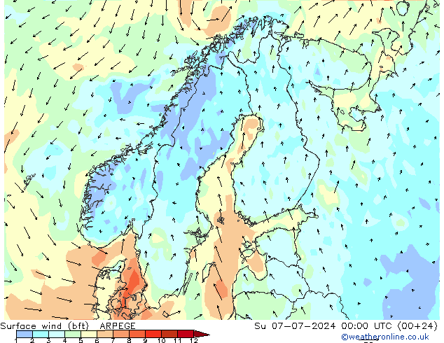 Wind 10 m (bft) ARPEGE zo 07.07.2024 00 UTC