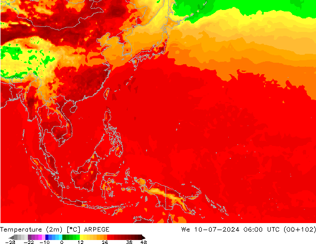 Temperatuurkaart (2m) ARPEGE wo 10.07.2024 06 UTC