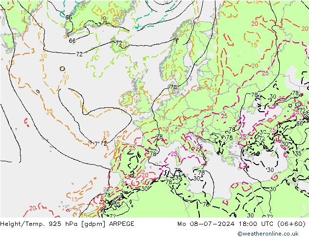 Hoogte/Temp. 925 hPa ARPEGE ma 08.07.2024 18 UTC