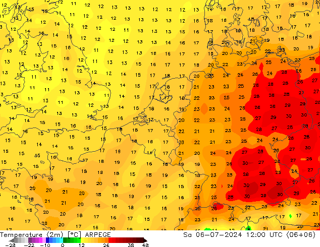 温度图 ARPEGE 星期六 06.07.2024 12 UTC
