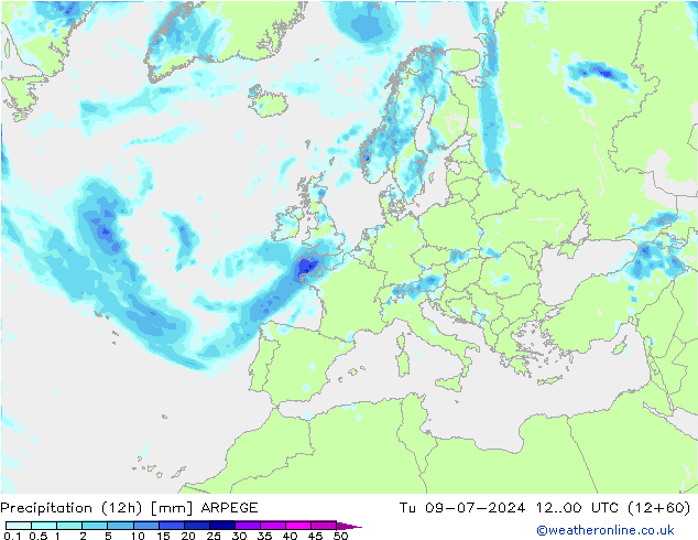 降水量 (12h) ARPEGE 星期二 09.07.2024 00 UTC