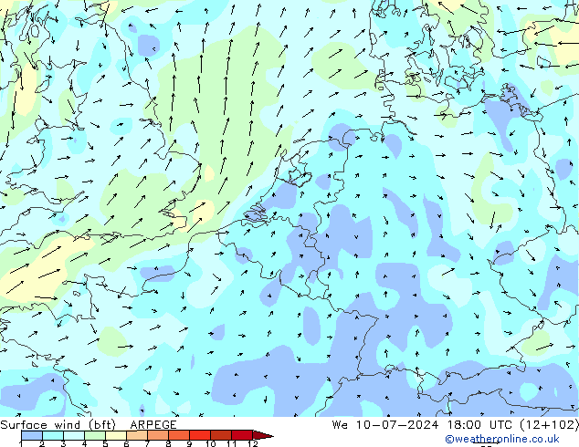 Wind 10 m (bft) ARPEGE wo 10.07.2024 18 UTC
