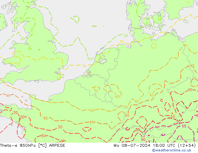 Theta-e 850hPa ARPEGE 星期一 08.07.2024 18 UTC