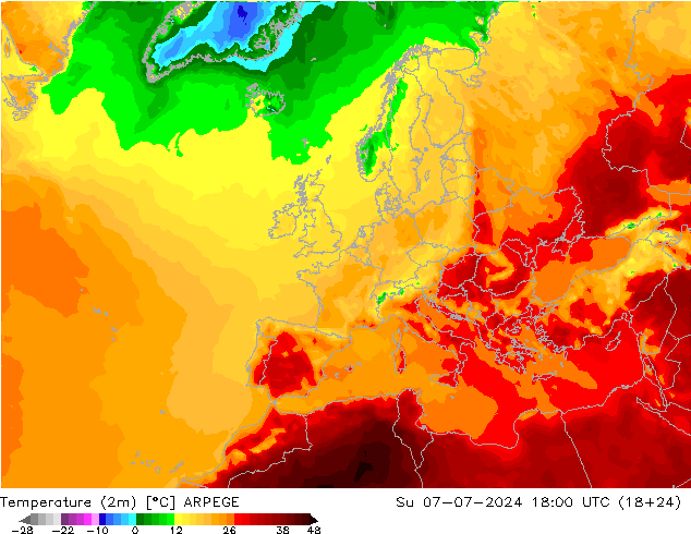Temperatuurkaart (2m) ARPEGE zo 07.07.2024 18 UTC