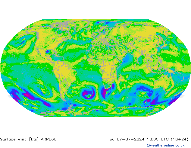 Wind 10 m ARPEGE zo 07.07.2024 18 UTC