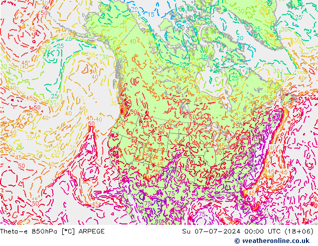 Theta-e 850hPa ARPEGE 星期日 07.07.2024 00 UTC