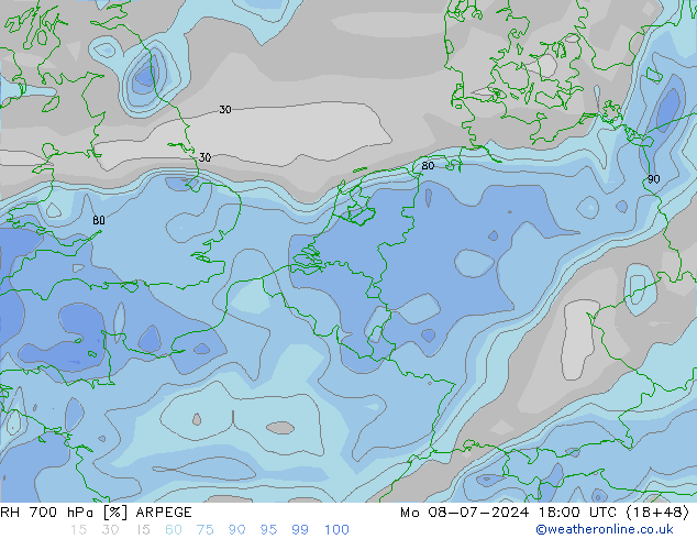 RH 700 hPa ARPEGE 星期一 08.07.2024 18 UTC