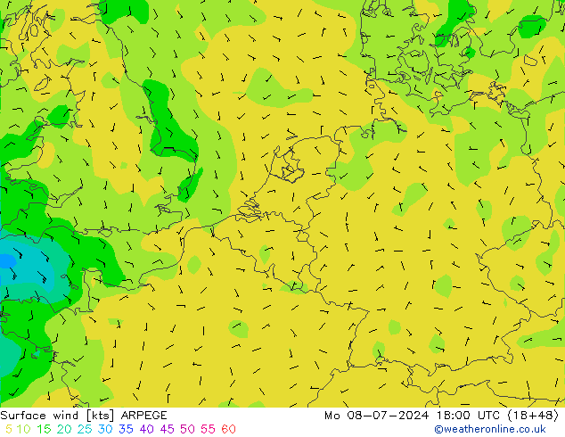 风 10 米 ARPEGE 星期一 08.07.2024 18 UTC