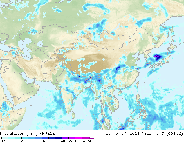 Neerslag ARPEGE wo 10.07.2024 21 UTC
