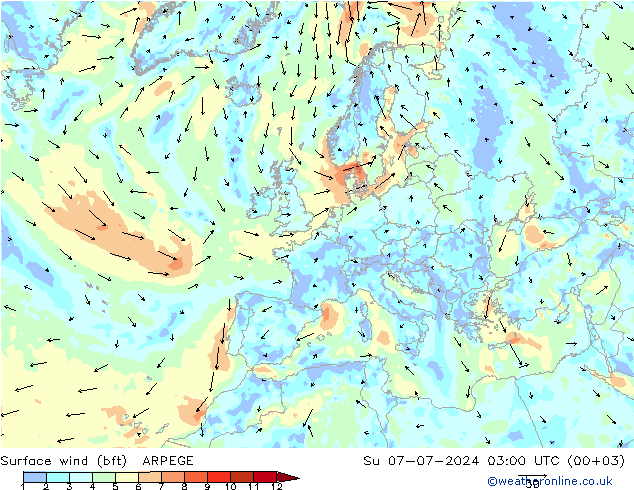 Wind 10 m (bft) ARPEGE zo 07.07.2024 03 UTC