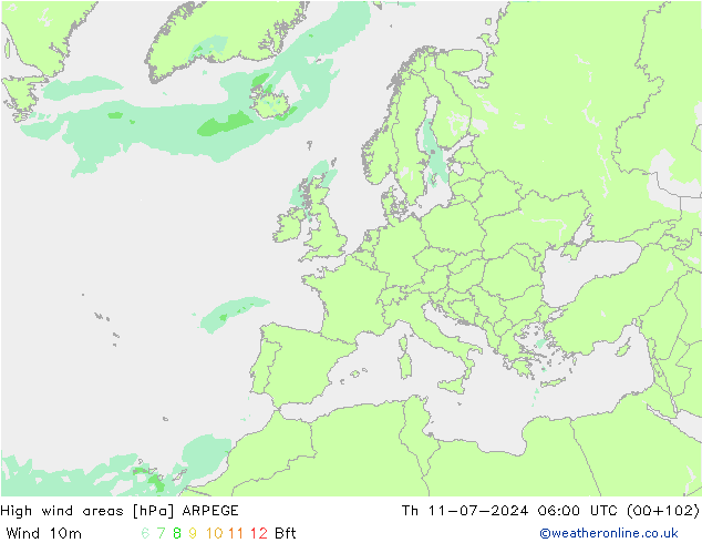 High wind areas ARPEGE 星期四 11.07.2024 06 UTC