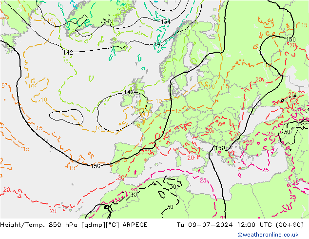Hoogte/Temp. 850 hPa ARPEGE di 09.07.2024 12 UTC