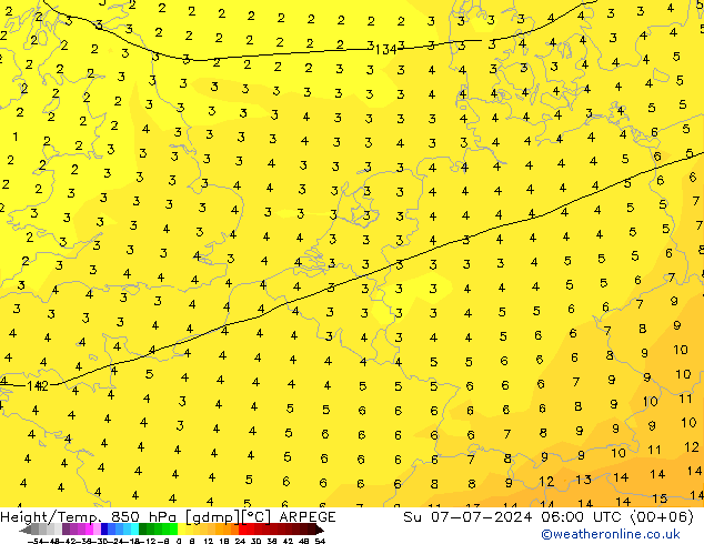 Hoogte/Temp. 850 hPa ARPEGE zo 07.07.2024 06 UTC