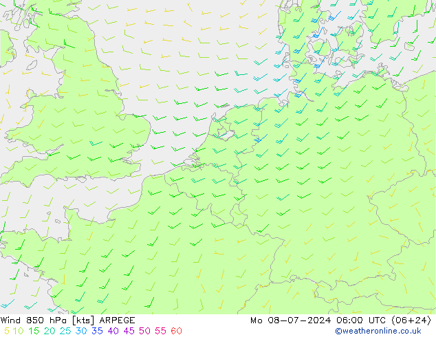 风 850 hPa ARPEGE 星期一 08.07.2024 06 UTC