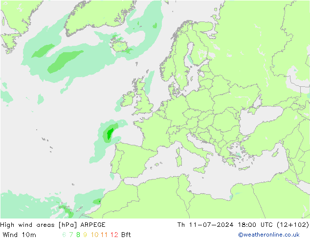 High wind areas ARPEGE 星期四 11.07.2024 18 UTC