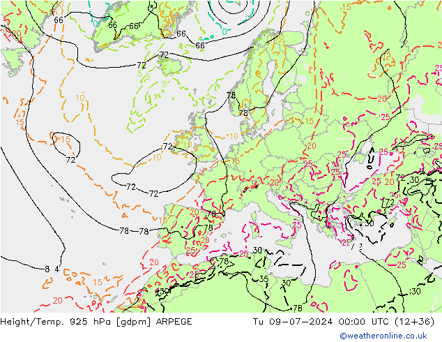 Hoogte/Temp. 925 hPa ARPEGE di 09.07.2024 00 UTC