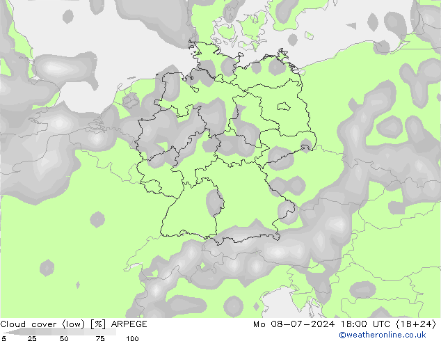 Bewolking (Laag) ARPEGE ma 08.07.2024 18 UTC