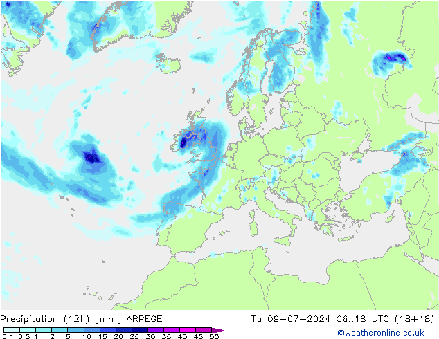 降水量 (12h) ARPEGE 星期二 09.07.2024 18 UTC