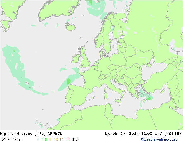 High wind areas ARPEGE 星期一 08.07.2024 12 UTC