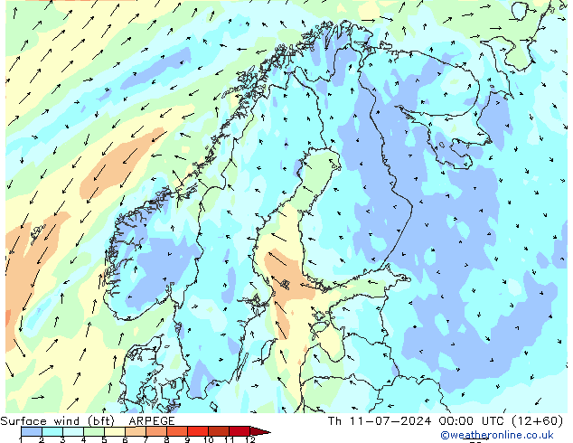 Wind 10 m (bft) ARPEGE do 11.07.2024 00 UTC