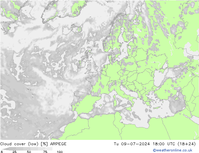 Bewolking (Laag) ARPEGE di 09.07.2024 18 UTC