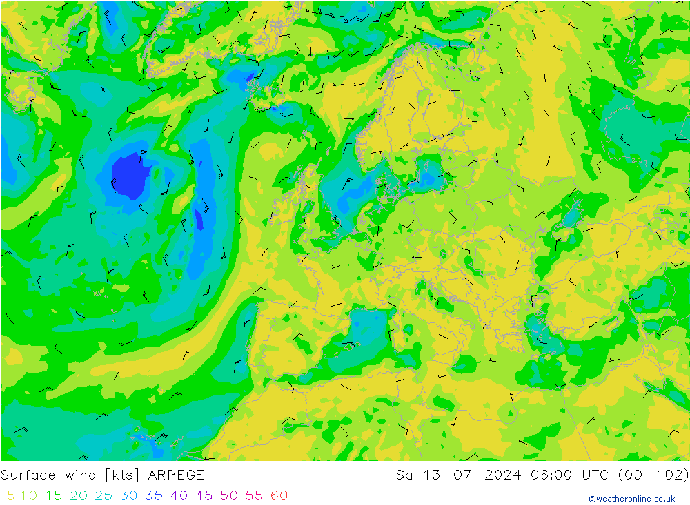 Wind 10 m ARPEGE za 13.07.2024 06 UTC