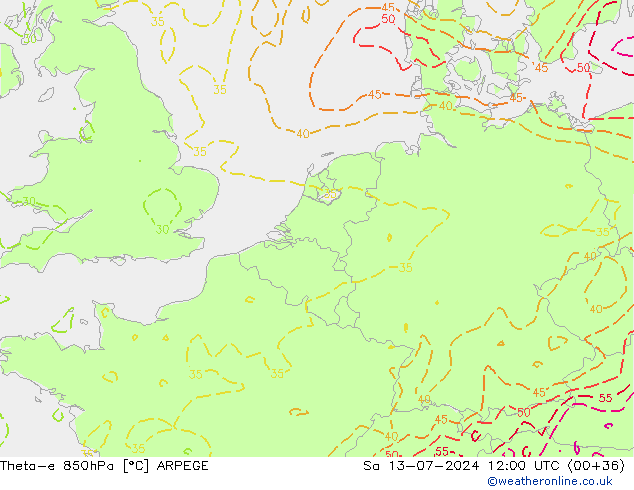 Theta-e 850hPa ARPEGE za 13.07.2024 12 UTC