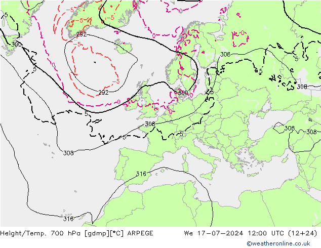Hoogte/Temp. 700 hPa ARPEGE wo 17.07.2024 12 UTC