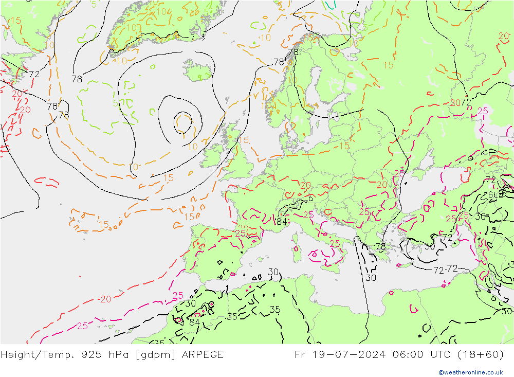 Hoogte/Temp. 925 hPa ARPEGE vr 19.07.2024 06 UTC