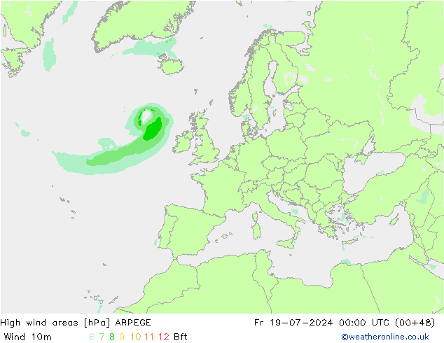 High wind areas ARPEGE 星期五 19.07.2024 00 UTC