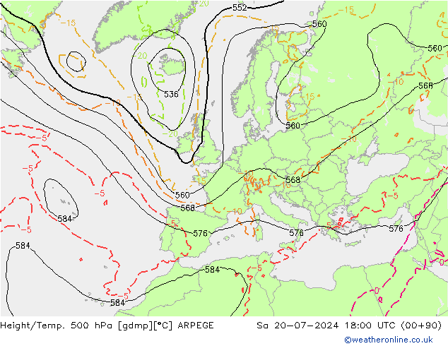 Hoogte/Temp. 500 hPa ARPEGE za 20.07.2024 18 UTC