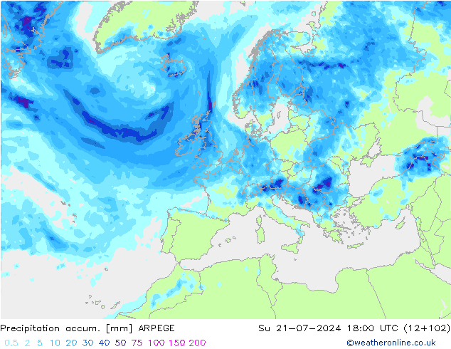 Totale neerslag ARPEGE zo 21.07.2024 18 UTC