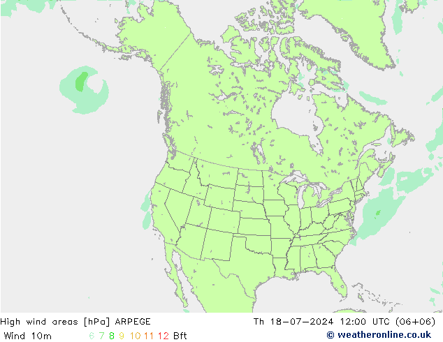 High wind areas ARPEGE 星期四 18.07.2024 12 UTC