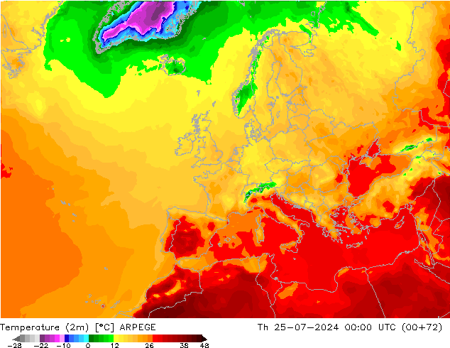 Temperatuurkaart (2m) ARPEGE do 25.07.2024 00 UTC