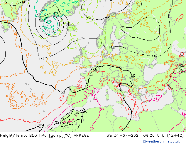 Hoogte/Temp. 850 hPa ARPEGE wo 31.07.2024 06 UTC