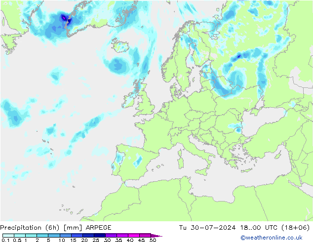 降水量 (6h) ARPEGE 星期二 30.07.2024 00 UTC