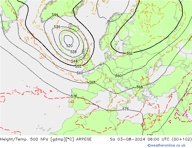 Hoogte/Temp. 500 hPa ARPEGE za 03.08.2024 06 UTC