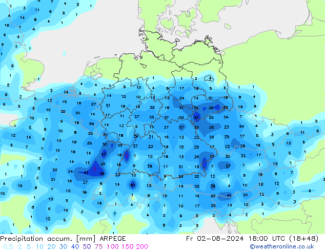 Precipitation accum. ARPEGE 星期五 02.08.2024 18 UTC