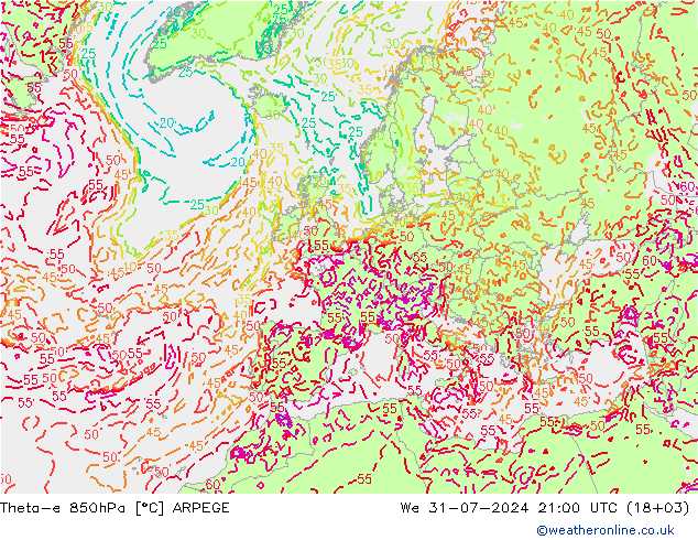 Theta-e 850hPa ARPEGE 星期三 31.07.2024 21 UTC