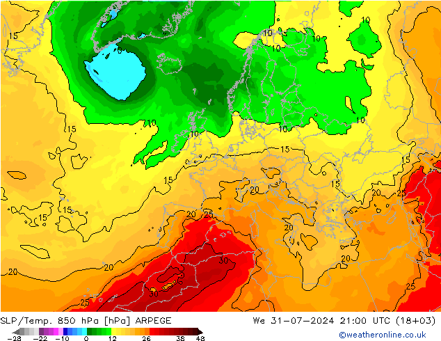 SLP/Temp. 850 hPa ARPEGE 星期三 31.07.2024 21 UTC