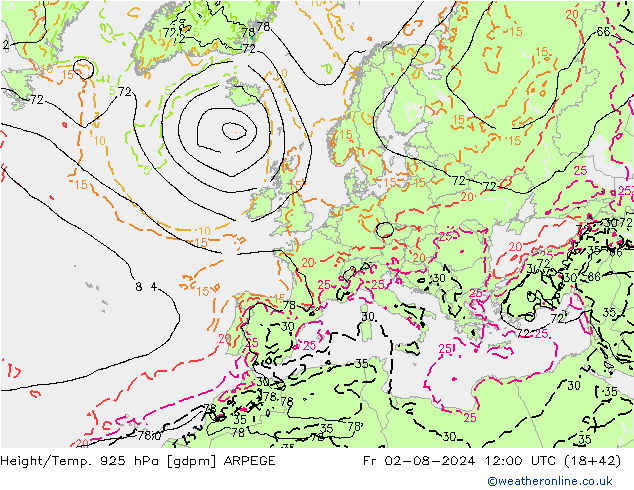 Height/Temp. 925 hPa ARPEGE 星期五 02.08.2024 12 UTC