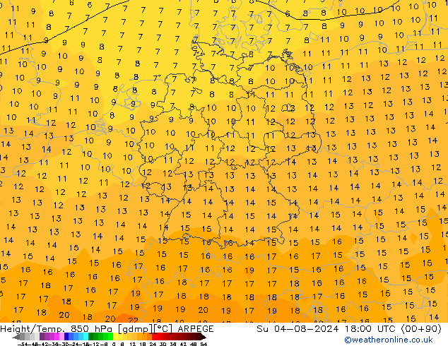 Height/Temp. 850 hPa ARPEGE 星期日 04.08.2024 18 UTC