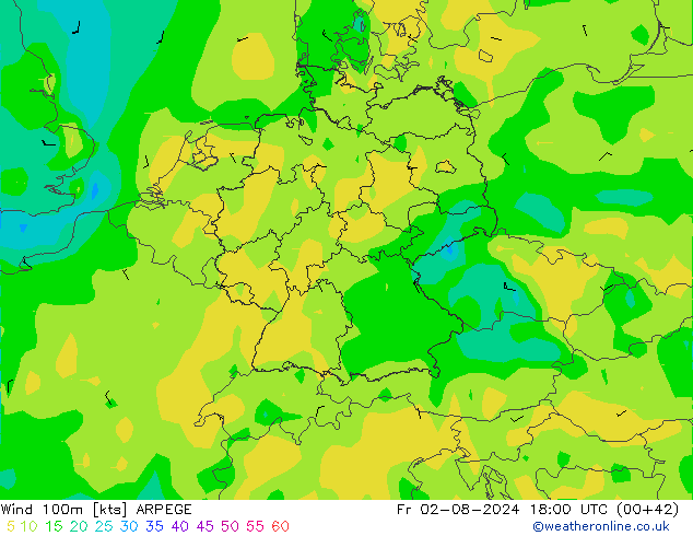 Wind 100m ARPEGE vr 02.08.2024 18 UTC