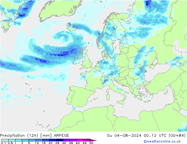 降水量 (12h) ARPEGE 星期日 04.08.2024 12 UTC