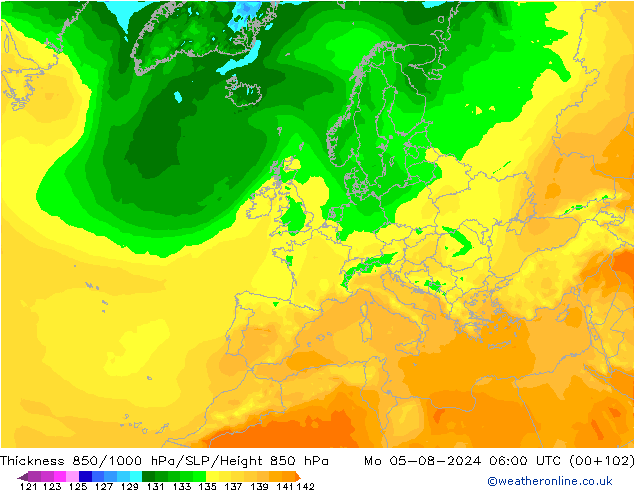 Thck 850-1000 hPa ARPEGE 星期一 05.08.2024 06 UTC