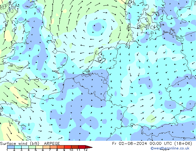 Wind 10 m (bft) ARPEGE vr 02.08.2024 00 UTC
