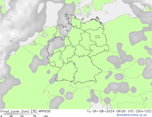 Bewolking (Laag) ARPEGE di 06.08.2024 06 UTC