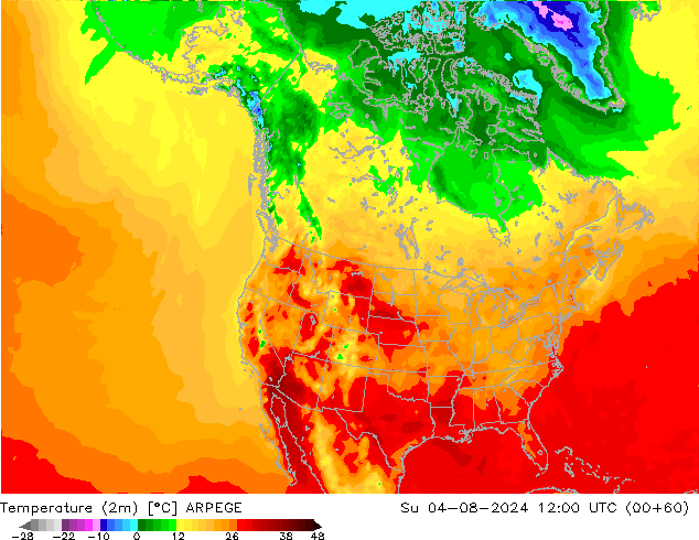 Temperatuurkaart (2m) ARPEGE zo 04.08.2024 12 UTC