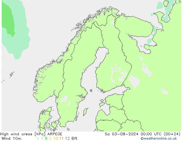 High wind areas ARPEGE 星期六 03.08.2024 00 UTC
