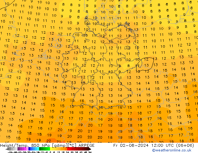 Hoogte/Temp. 850 hPa ARPEGE vr 02.08.2024 12 UTC